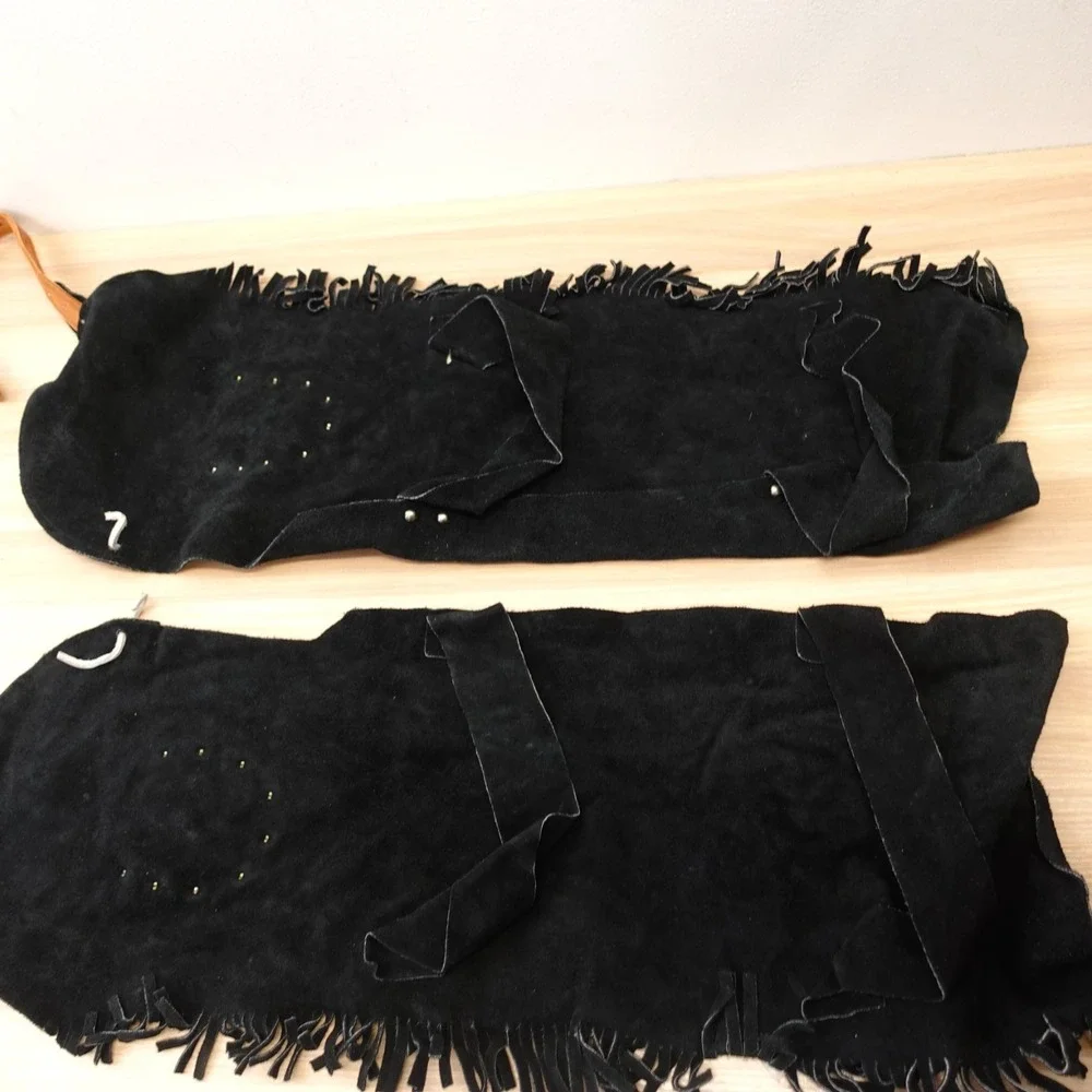 Vintage Cowboy‎ Vest Chaps Set Boys M Black Suede Studded Fringe Halloween USA